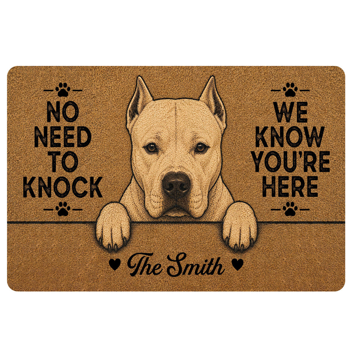 Dogo Argentino doormat with a white dog portrait, paw prints, and bold welcome message in warm brown tones