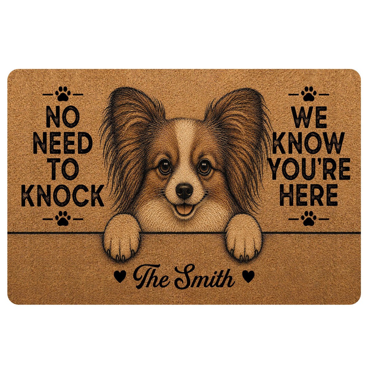 Papillon dog doormat with warm brown artwork, paw prints, and a playful welcome message
