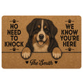 Bernese Mountain Dog doormat with paw prints, playful welcome message, and warm brown artwork