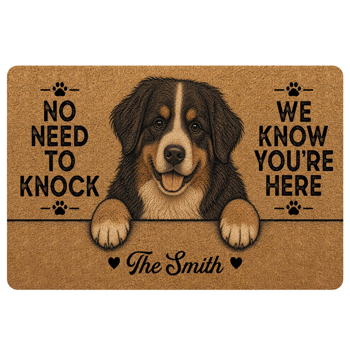 Bernese Mountain Dog doormat with paw prints, playful welcome message, and warm brown artwork