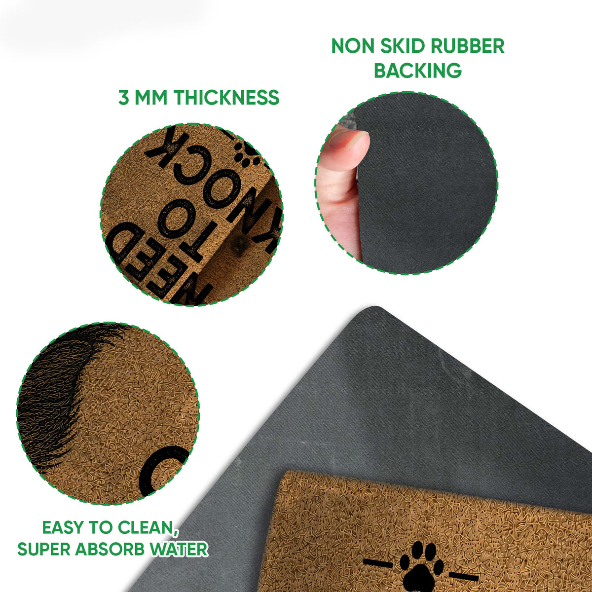 Close-up of Bernese Mountain Dog doormat showing the printed surface and black rubber backing