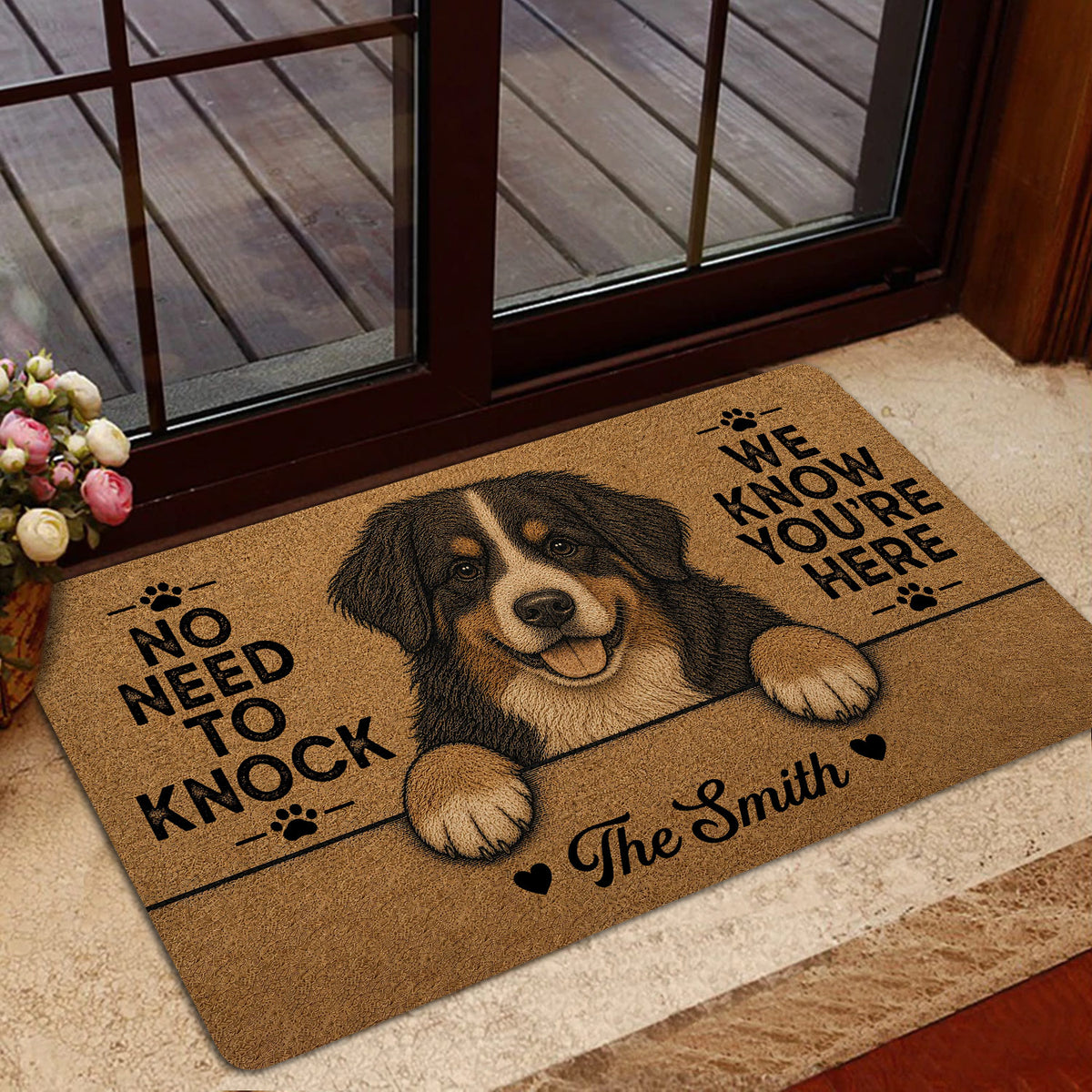 Bernese Mountain Dog welcome mat shown near a glass doorway in a warm home entryway