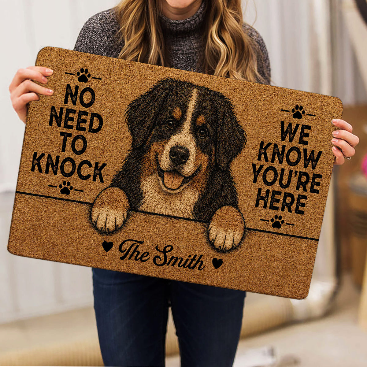 Person holding a Bernese Mountain Dog doormat featuring a friendly dog portrait and paw prints