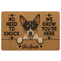 Tan doormat featuring a cheerful black, tan, and white Rat Terrier portrait with paw accents