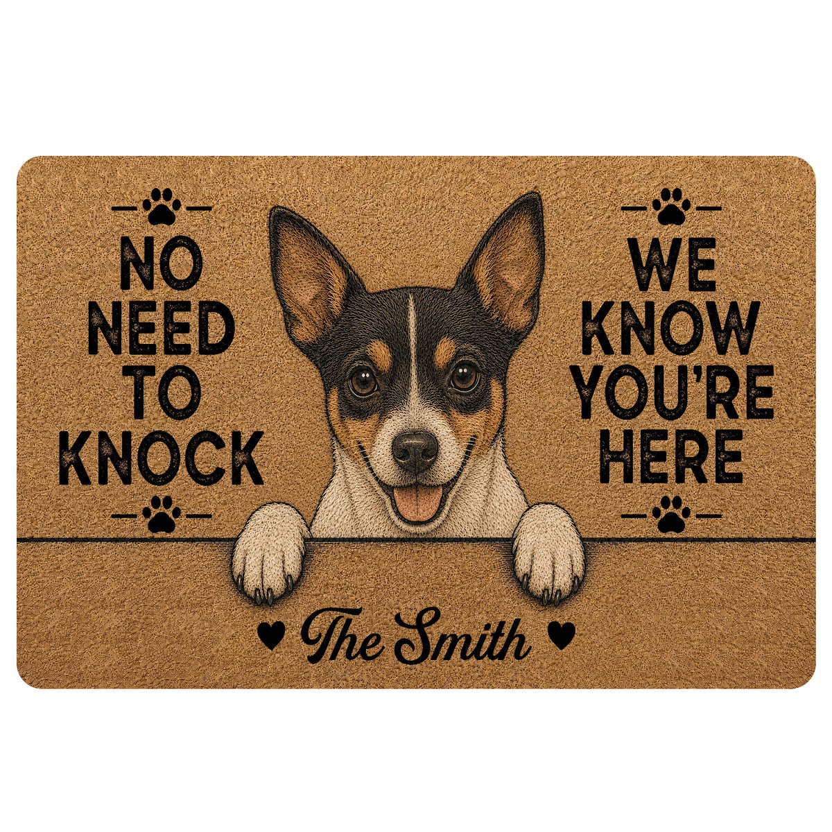 Tan doormat featuring a cheerful black, tan, and white Rat Terrier portrait with paw accents
