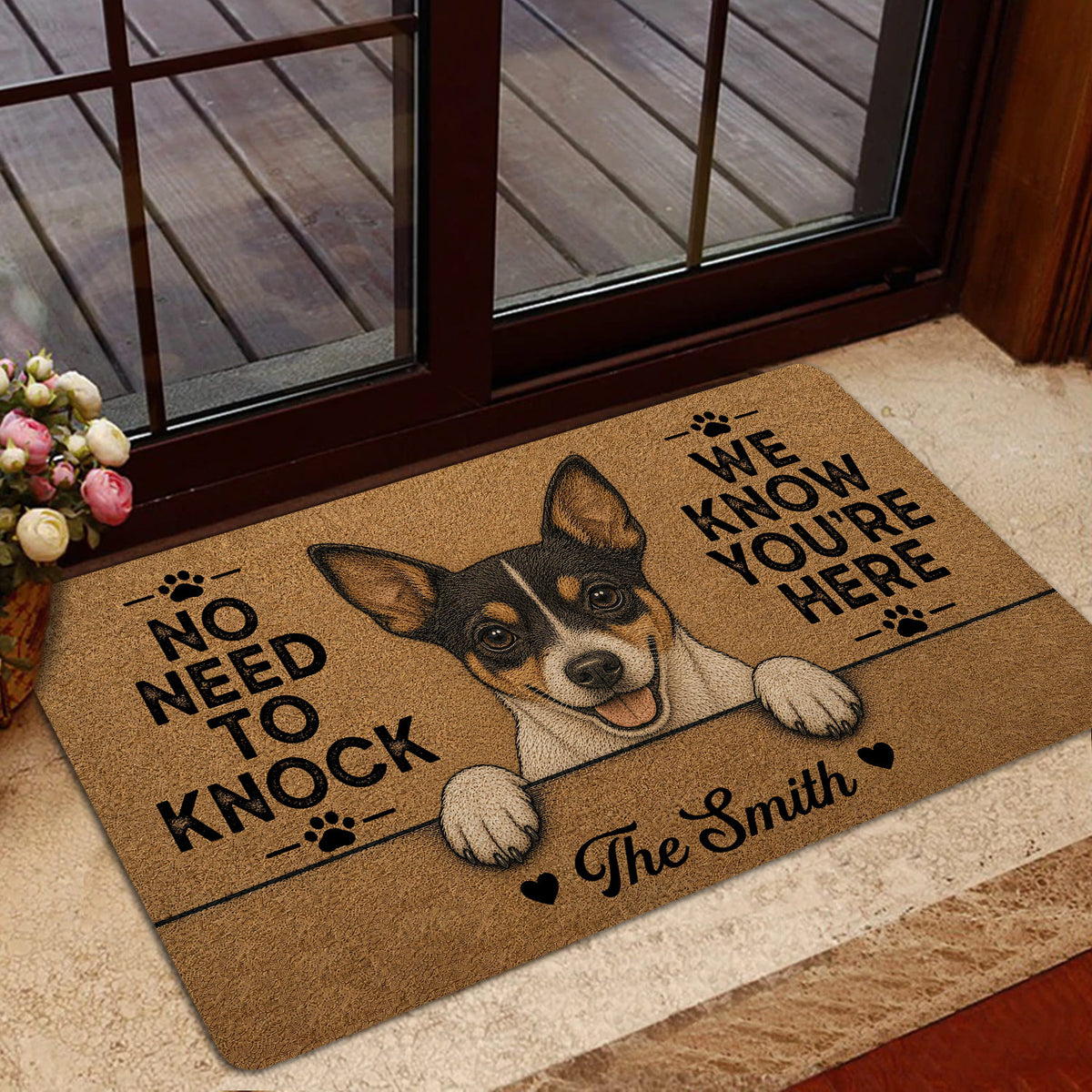 Rat Terrier doormat displayed in a home entrance beside a glass door