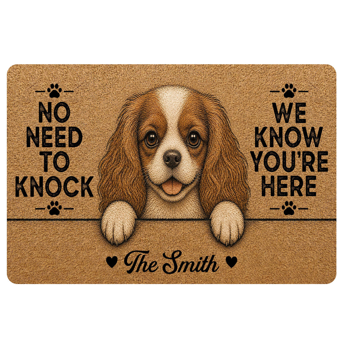 Cavalier King Charles Spaniel doormat with a playful welcome design, paw prints and warm brown artwork