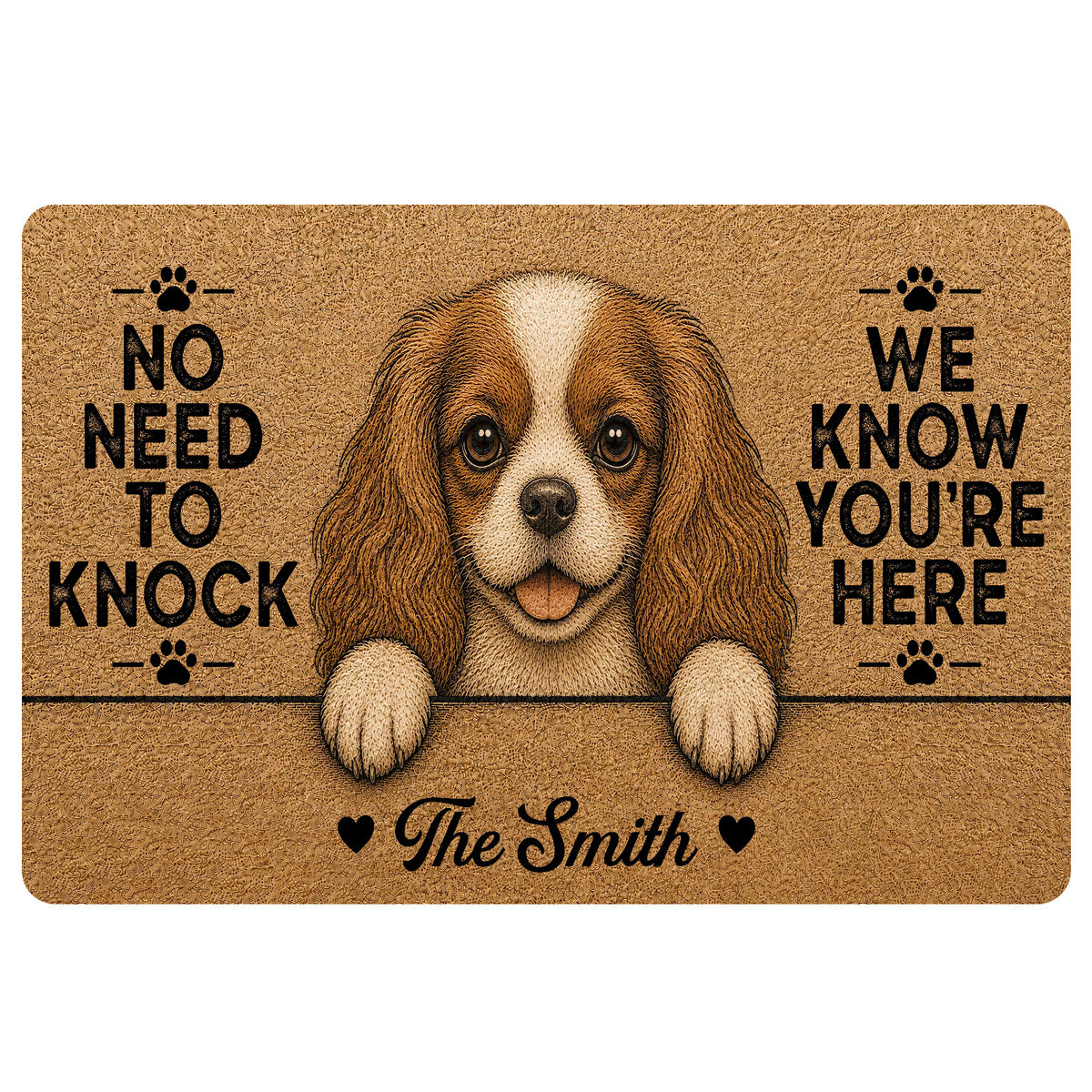 Cavalier King Charles Spaniel doormat with a playful welcome design, paw prints and warm brown artwork