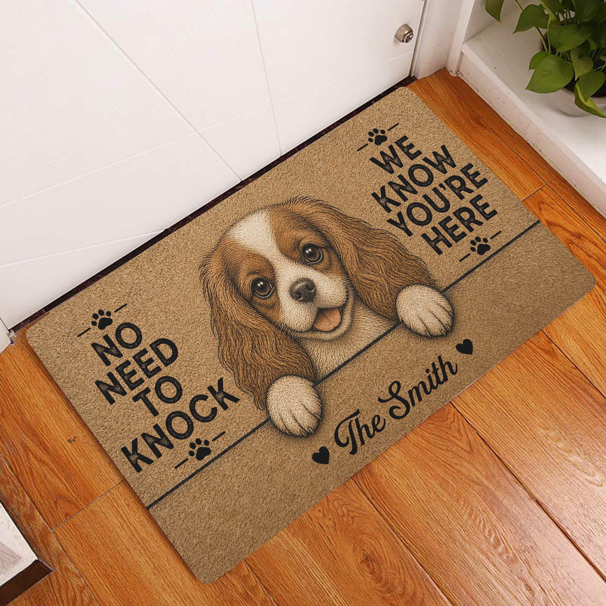 Cavalier King Charles Spaniel entryway rug displayed by a front door on a wood floor
