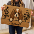 Cavalier King Charles Spaniel doormat held indoors, featuring a realistic dog portrait and welcome artwork