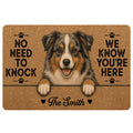 Australian Shepherd doormat with a warm brown background, paw prints, and playful front-door message