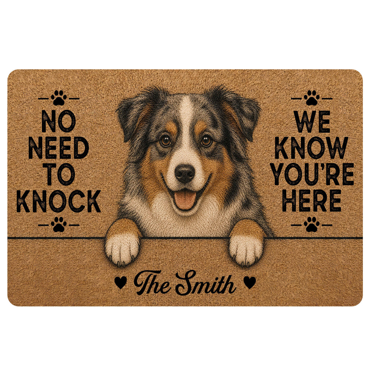 Australian Shepherd doormat with a warm brown background, paw prints, and playful front-door message