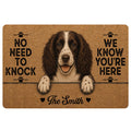 English Springer Spaniel doormat with a friendly dog portrait, paw prints, and bold welcome message