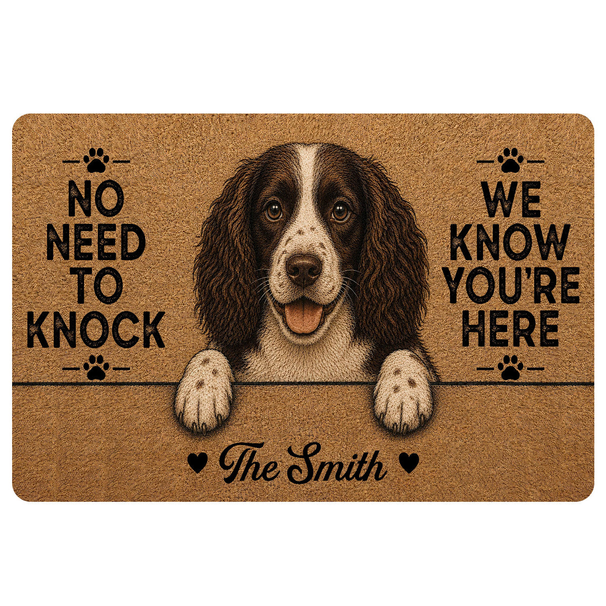 English Springer Spaniel doormat with a friendly dog portrait, paw prints, and bold welcome message