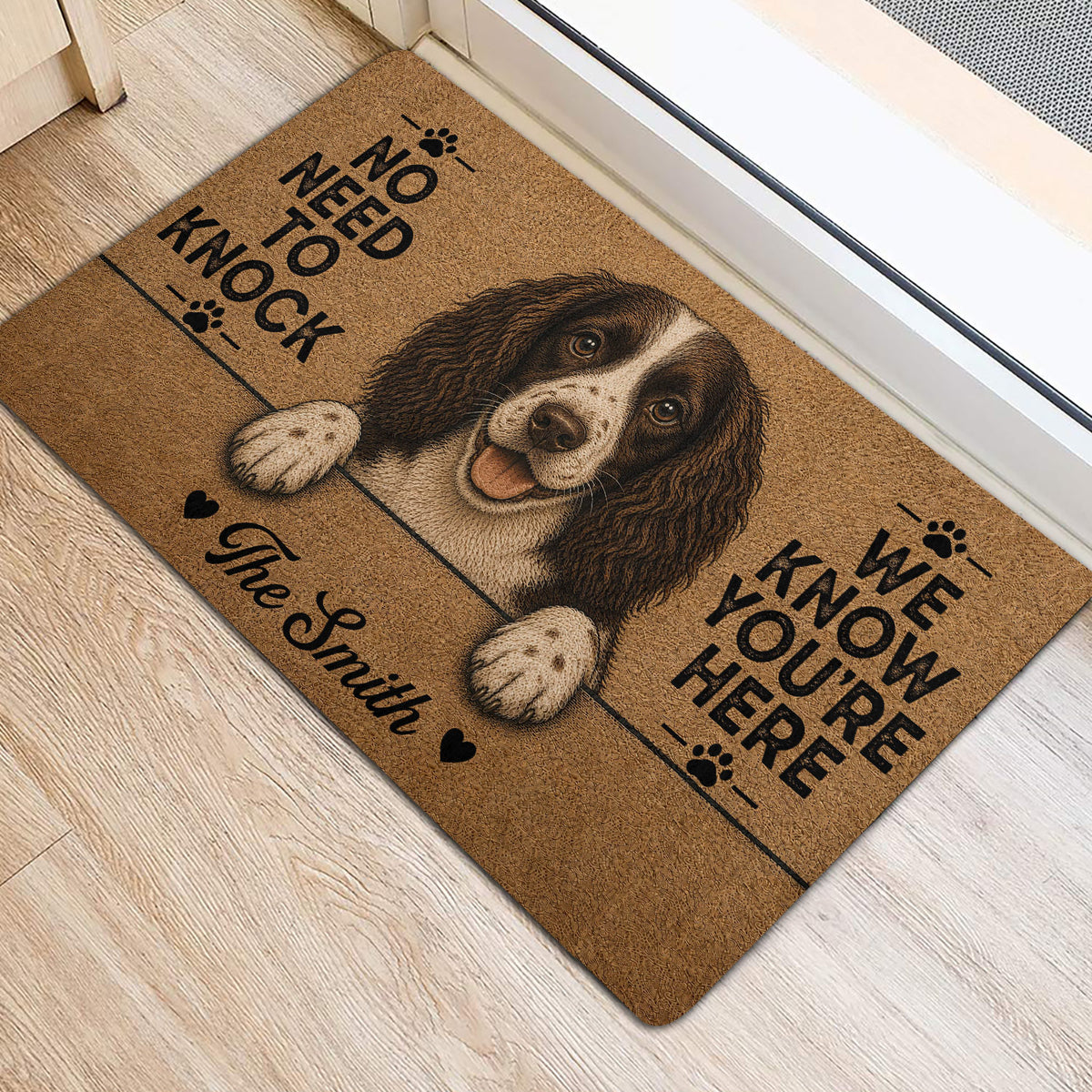 Springer Spaniel door mat shown at an indoor entrance with portrait artwork and paw print accents