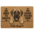 English Mastiff doormat design with paw prints, tan artwork, humorous entry message, and family-style lettering
