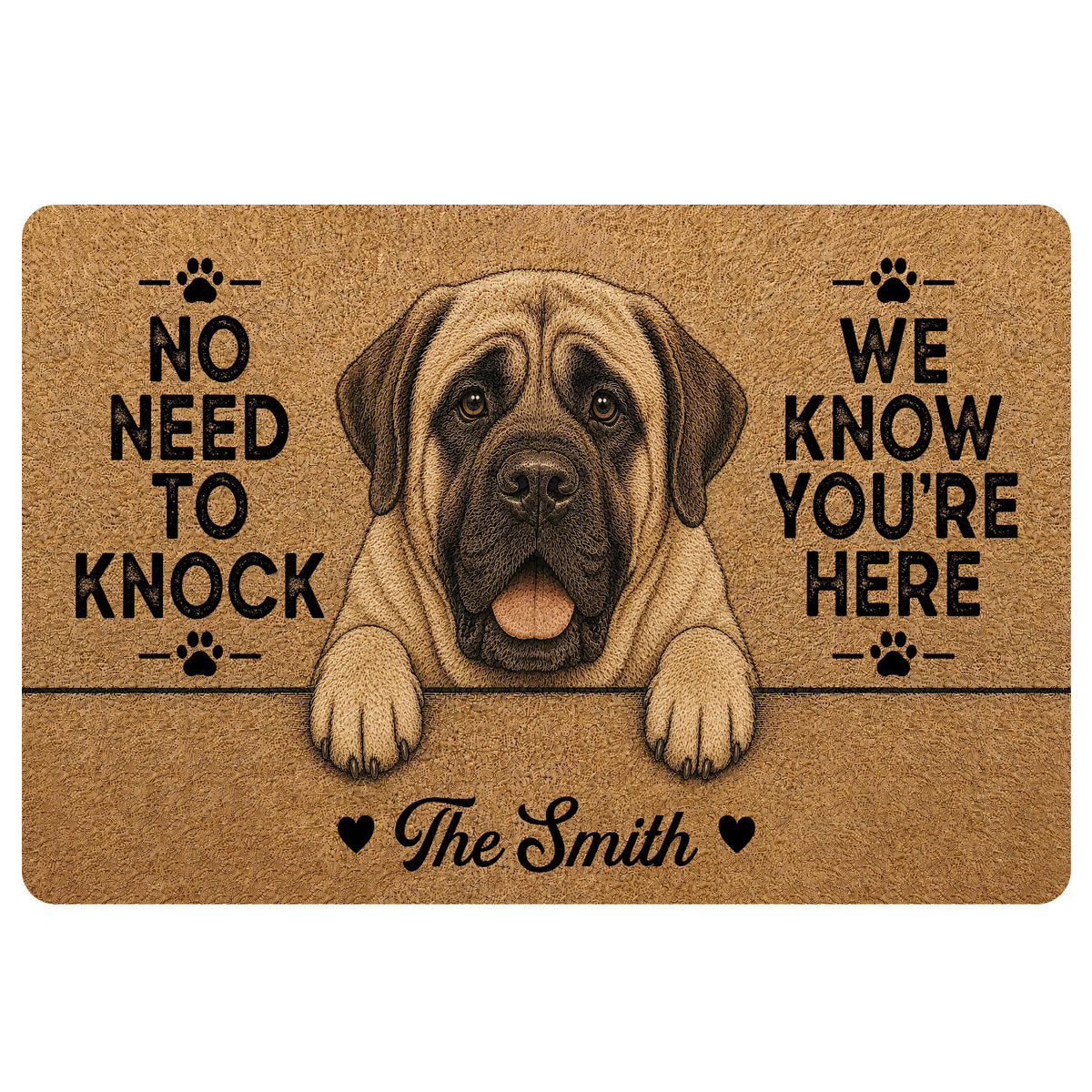 English Mastiff doormat design with paw prints, tan artwork, humorous entry message, and family-style lettering