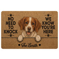 Brown and white Brittany Spaniel doormat artwork with paw prints, hearts, and a welcoming entryway message