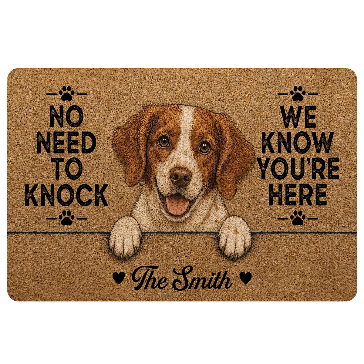 Brown and white Brittany Spaniel doormat artwork with paw prints, hearts, and a welcoming entryway message