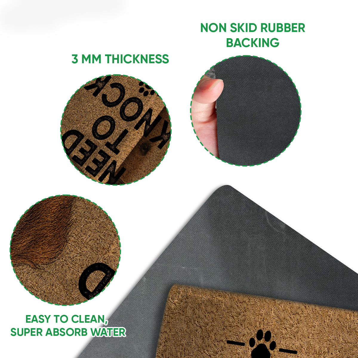 Close-up feature view of the Brittany Spaniel doormat surface and black rubber backing
