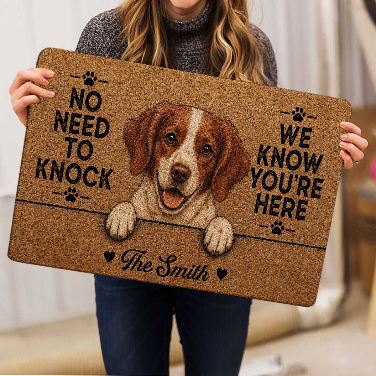 Brittany Spaniel door mat shown in a lifestyle presentation with detailed dog artwork