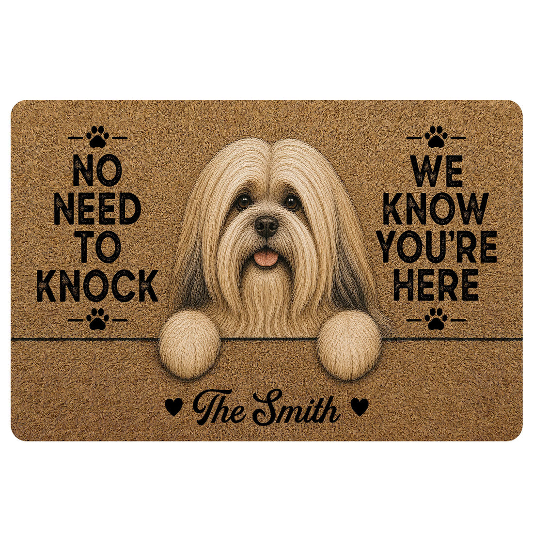 Lhasa Apso doormat with a long-haired dog portrait, paw prints, warm brown artwork and welcome message