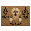 Lhasa Apso doormat with a long-haired dog portrait, paw prints, warm brown artwork and welcome message