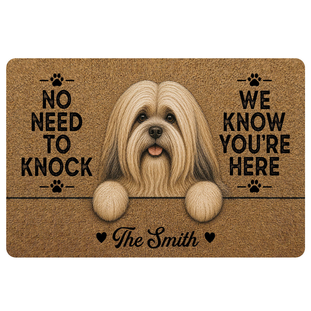 Lhasa Apso doormat with a long-haired dog portrait, paw prints, warm brown artwork and welcome message
