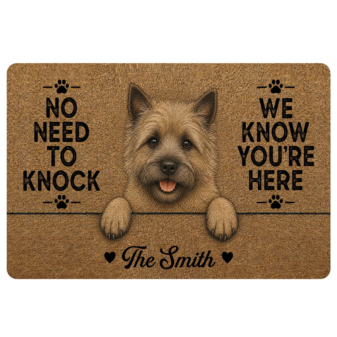 Cairn Terrier doormat with a shaggy dog portrait, paw prints, playful welcome message and warm brown artwork
