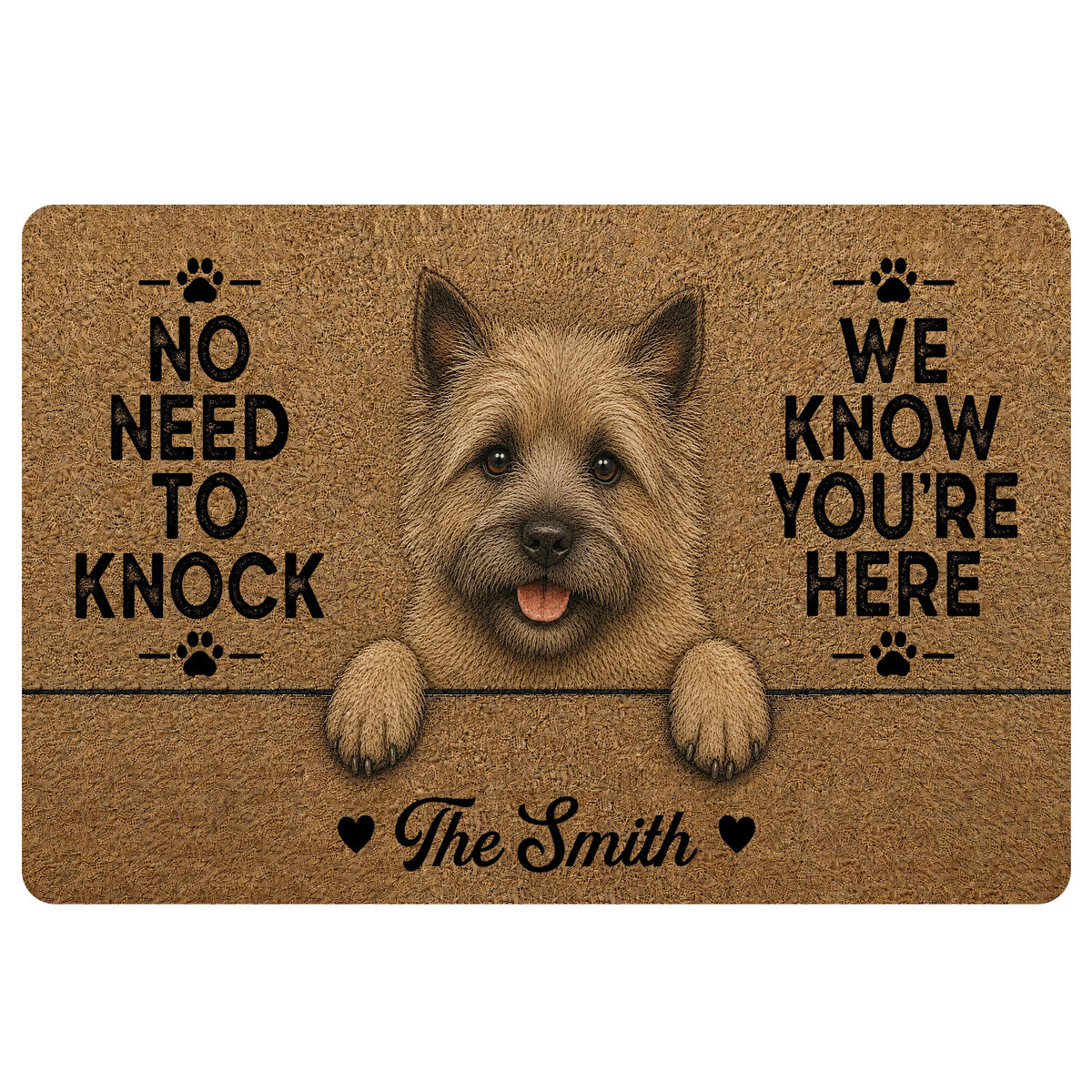 Cairn Terrier doormat with a shaggy dog portrait, paw prints, playful welcome message and warm brown artwork