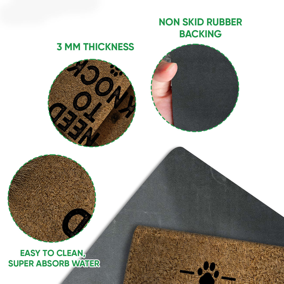 Cairn Terrier doormat feature view showing the printed surface, rubber backing and rounded edges