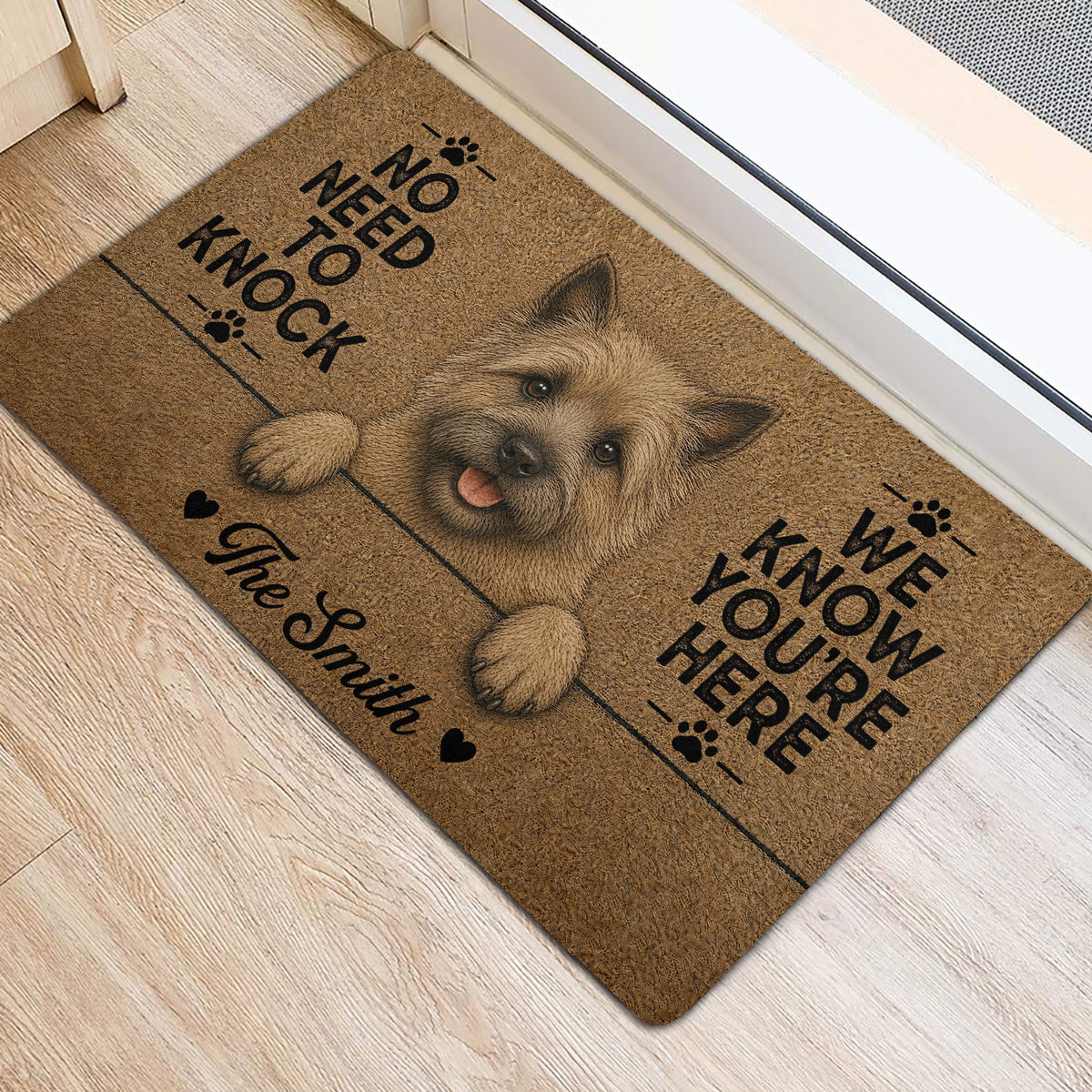 Cairn Terrier door mat styled at an entrance with a playful dog portrait and paw print details