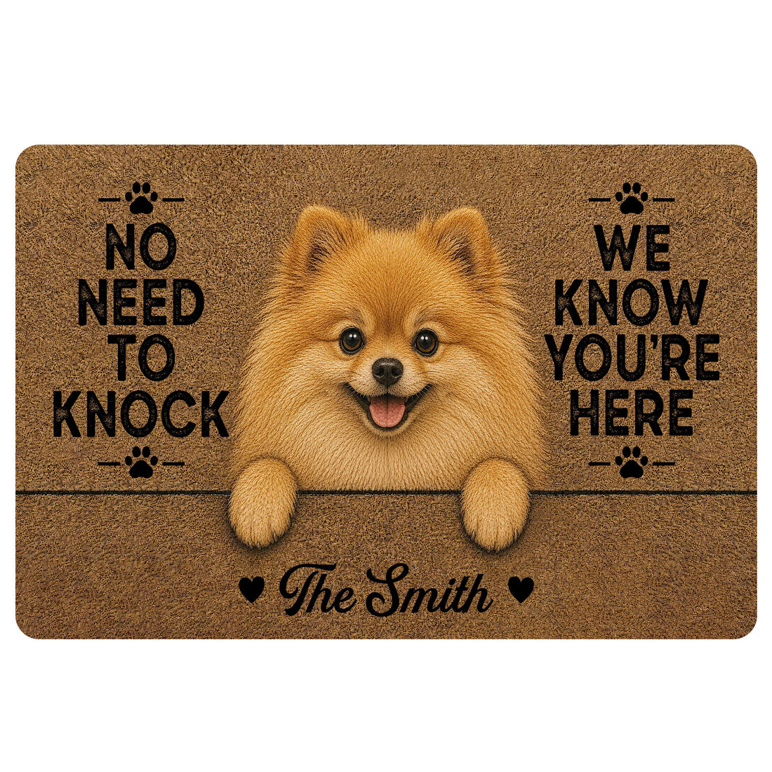 Pomeranian doormat featuring a fluffy tan dog, paw prints, humorous welcome lettering, and a warm brown design