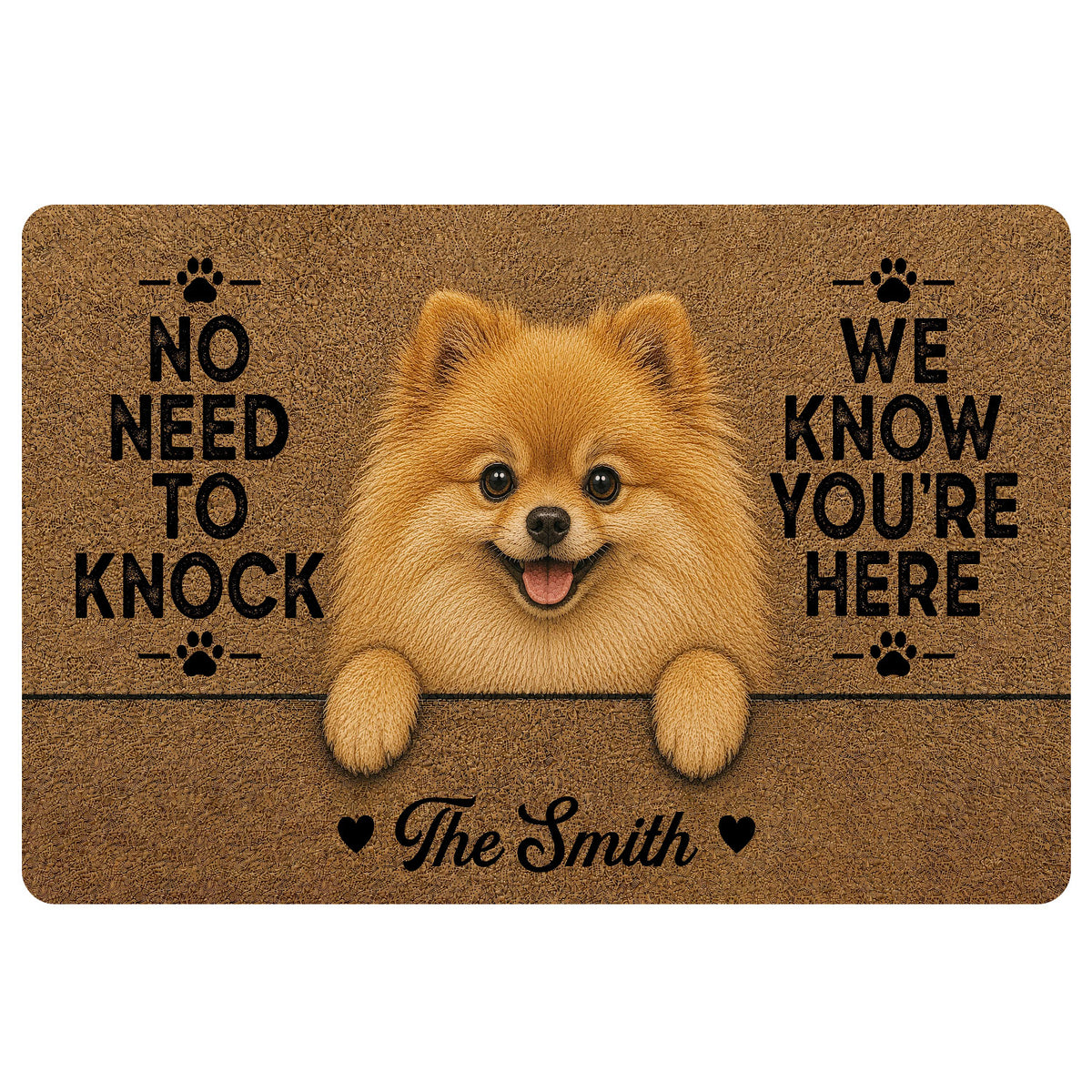 Pomeranian doormat featuring a fluffy tan dog, paw prints, humorous welcome lettering, and a warm brown design