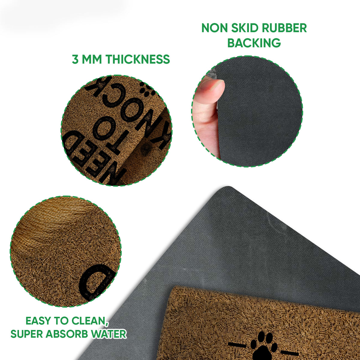 Close-up detail of the Pomeranian doormat surface, rubber backing, rounded edge, and printed paw motif