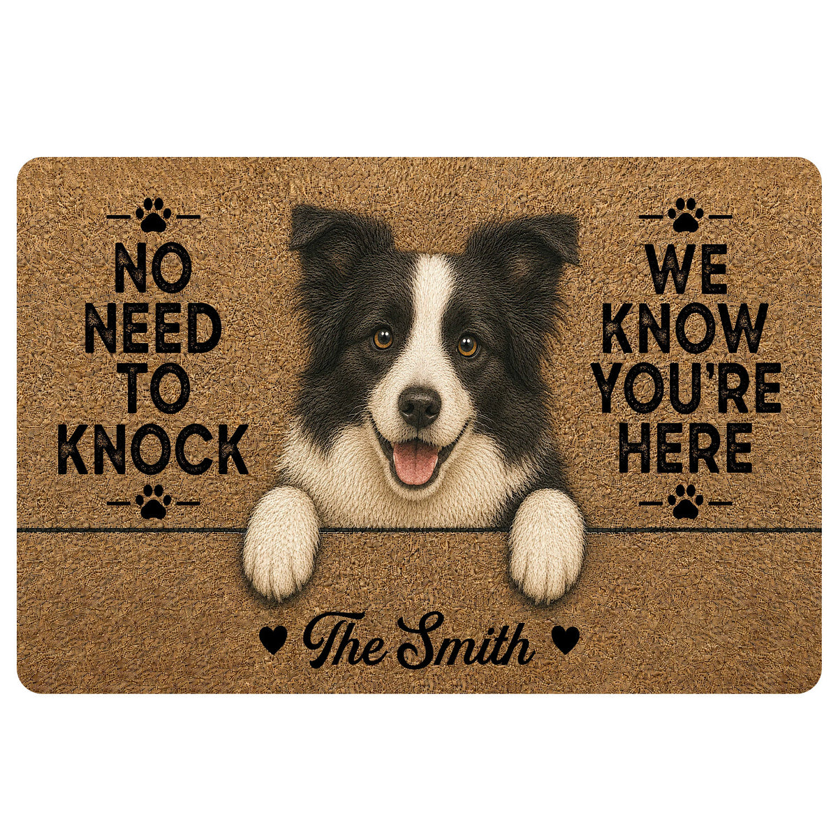 Border Collie doormat with a smiling dog portrait, paw prints, and playful entryway message