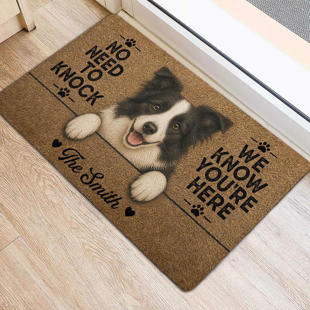 Border Collie door mat styled at an indoor entrance with a light wood floor
