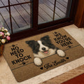 Border Collie welcome mat displayed by a glass door in a cozy home entryway