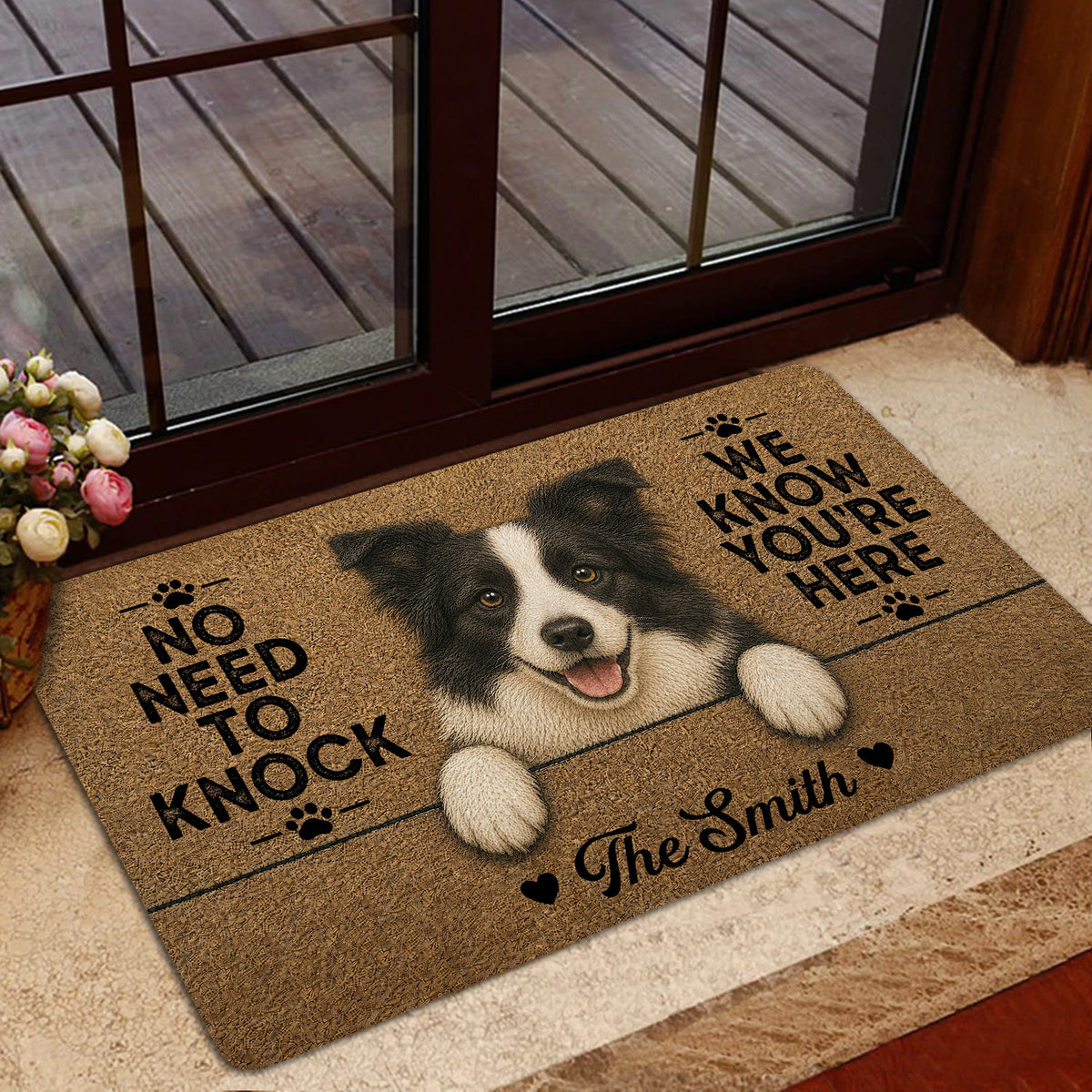 Border Collie welcome mat displayed by a glass door in a cozy home entryway