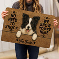 Border Collie doormat held indoors, showing the full dog portrait, paw prints, and decorative lettering
