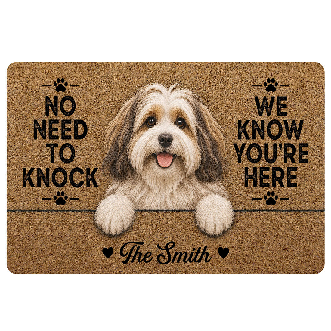 Havanese dog portrait doormat with paw prints, warm brown artwork and playful entryway message
