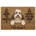 Havanese dog portrait doormat with paw prints, warm brown artwork and playful entryway message