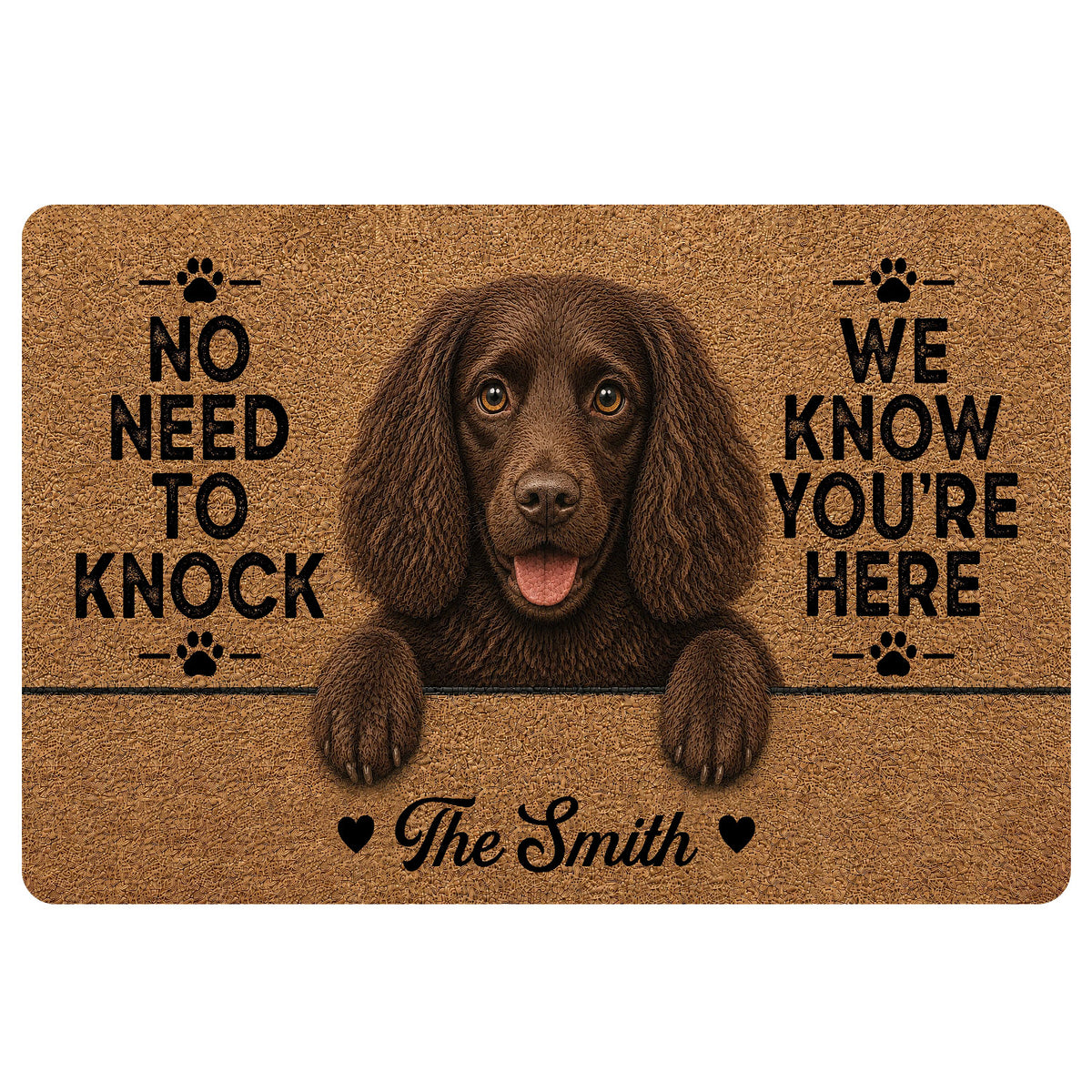 Brown Boykin Spaniel doormat artwork with paw prints, playful welcome message, and warm rustic tones
