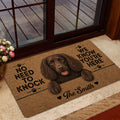 Brown spaniel doormat placed inside a glass doorway with a warm home entryway setting