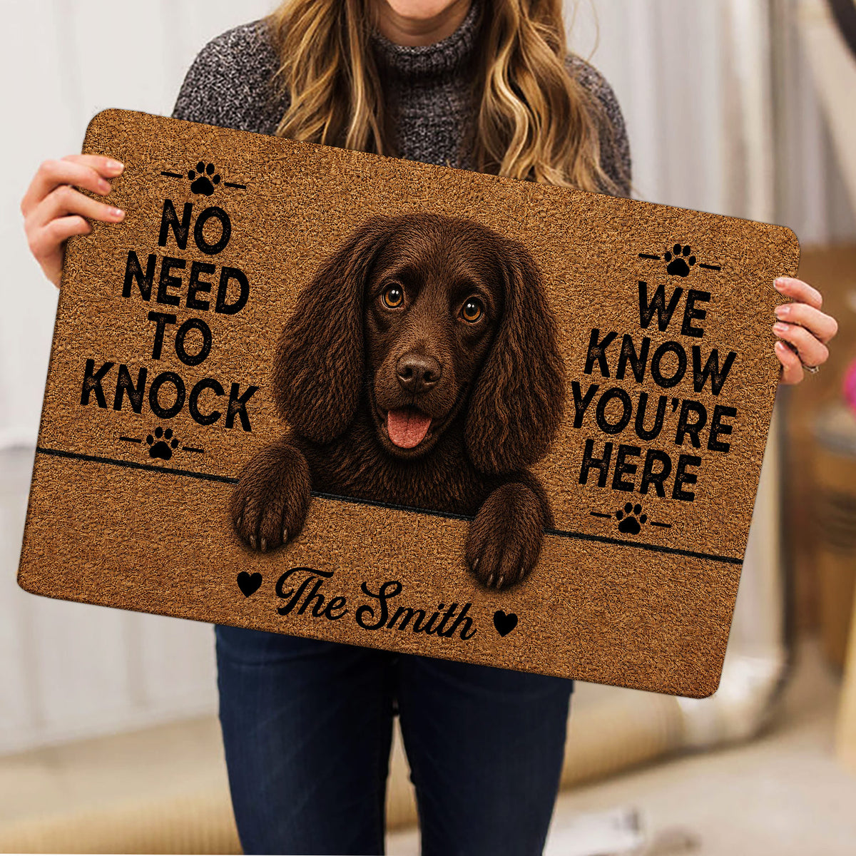 Person holding a brown Boykin Spaniel doormat with paw prints and a playful entryway design