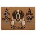 Saint Bernard portrait doormat with paw prints, warm brown artwork, and humorous entryway message