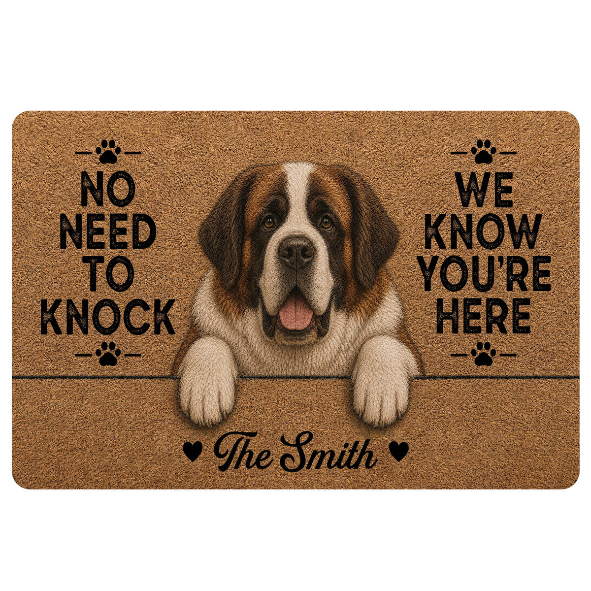 Saint Bernard portrait doormat with paw prints, warm brown artwork, and humorous entryway message