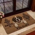 Saint Bernard doormat styled at a glass doorway with warm brown artwork and a welcoming dog theme