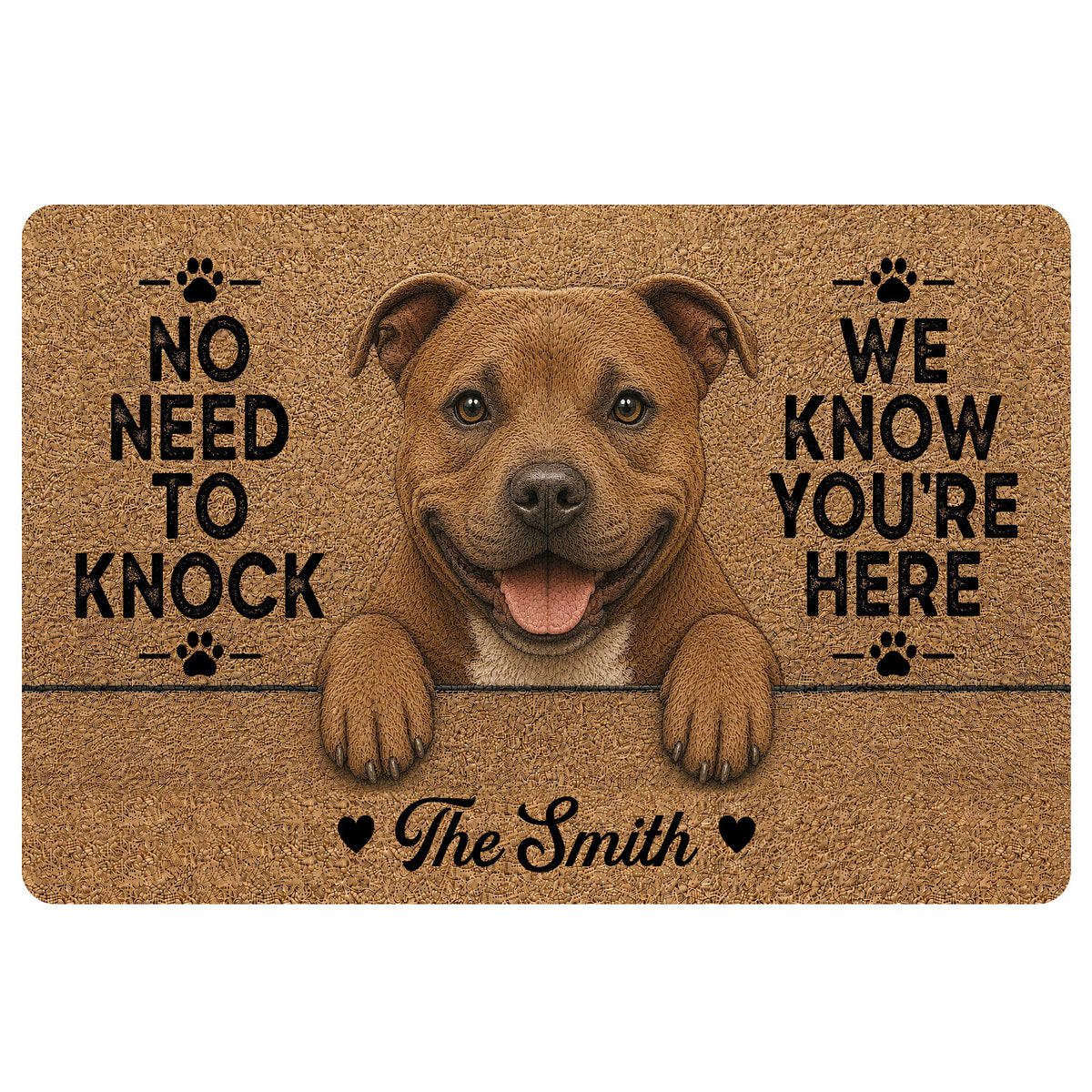 Staffordshire Bull Terrier doormat with a playful brown dog portrait, paw prints and a humorous entryway message