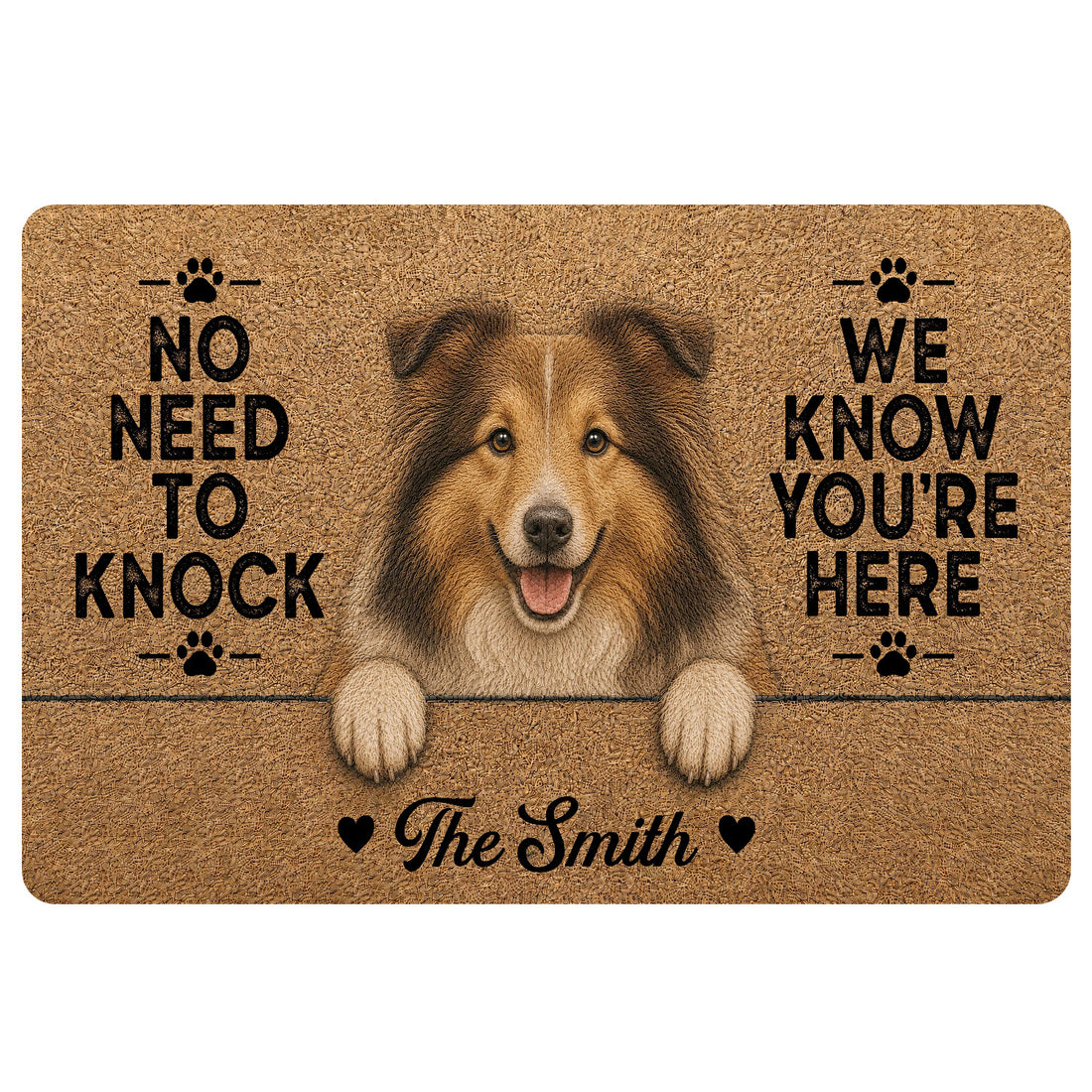 Sheltie doormat with a smiling dog portrait, paw prints, warm brown artwork, and a welcoming entryway message